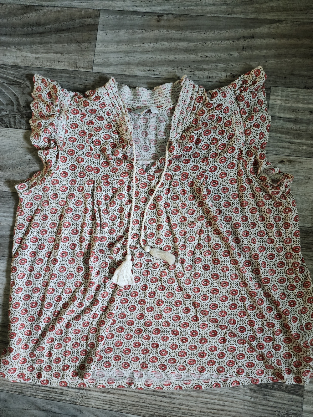 Lucky Brand Cream Top with Red Floral Tassel V-Neck